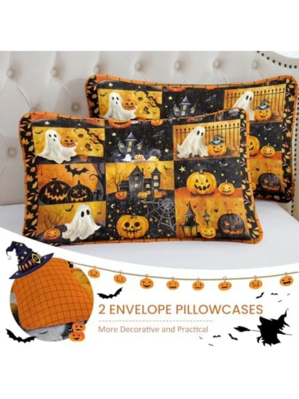 King Size Halloween Quilt Set - Patchwork Black & Orange Bedspread Coverlet